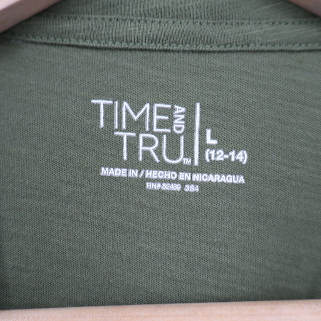 Time And Tru T-Shirt Women L(12-14) Forest Green Space Dye Short Sleeve Pullover