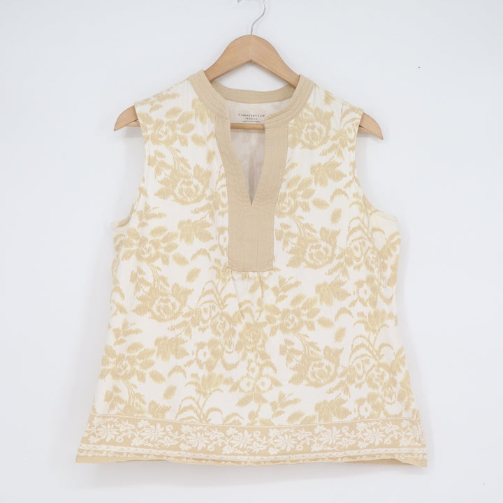 Charter Club Woman Tan Floral Damask Split Neck Sleeveless Top Plus Size 0X