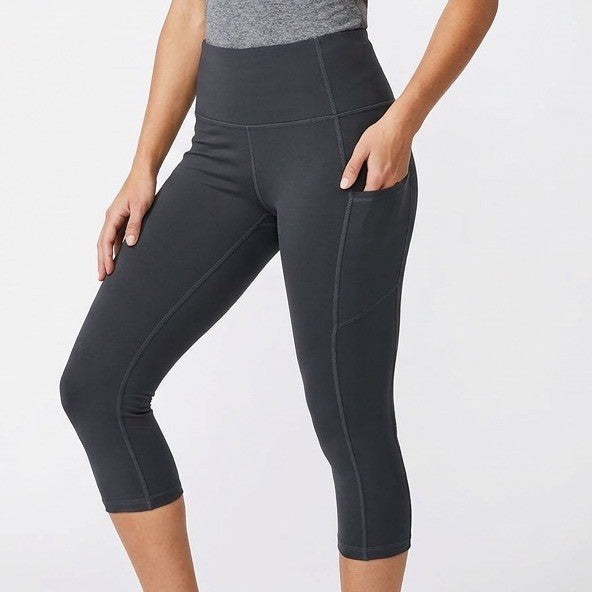 Capri Leggings Womens 28 Black Stretch Pockets Elastic High Waist Activewear