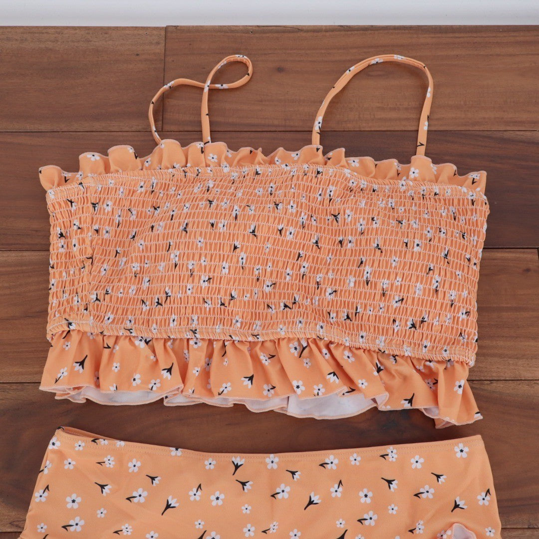 Peach Floral Smocked Bikini Ruffle High Waist Swimsuit XL