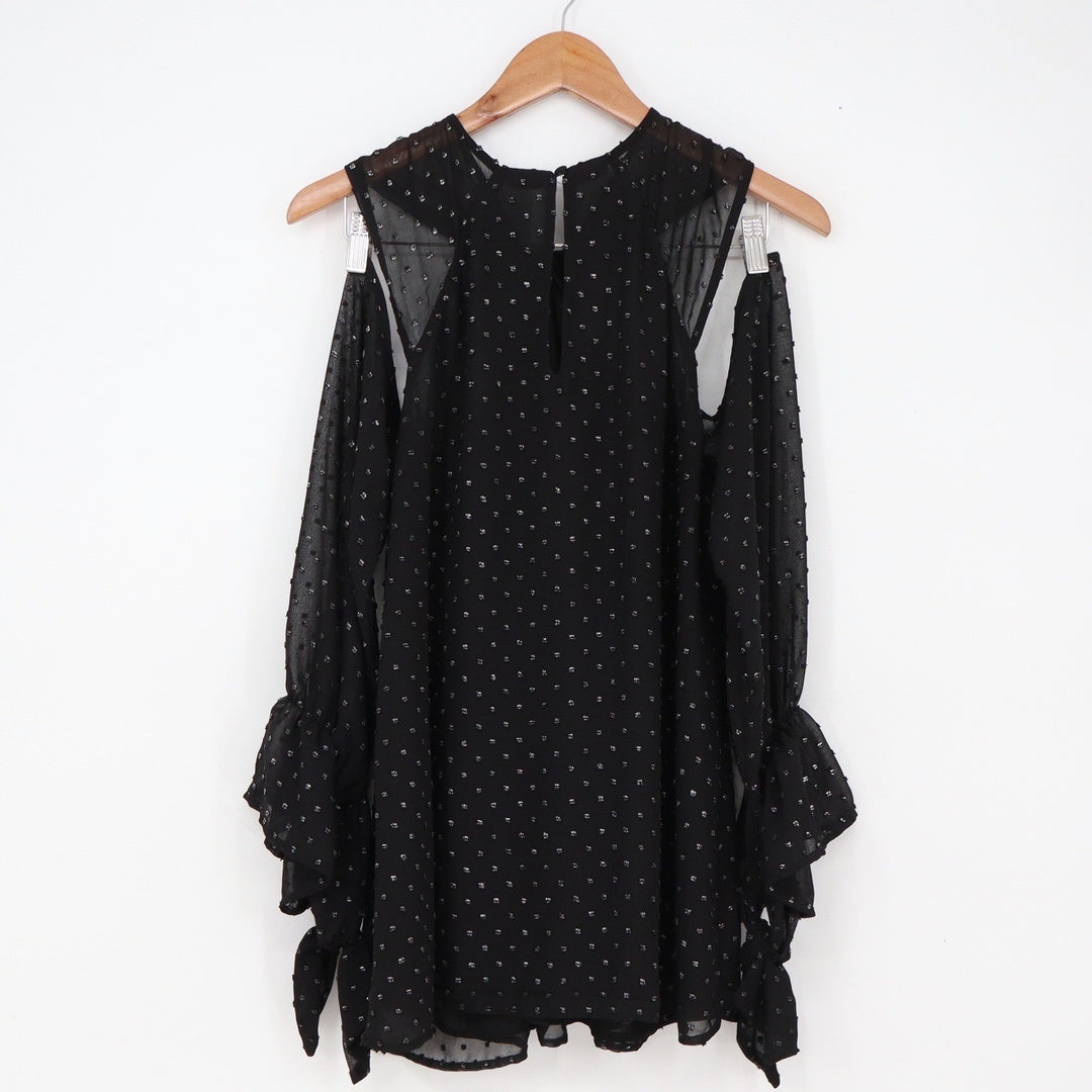 Bardot Top Womens 10 Black Silver Metallic Swiss Dot Cold Shoulder Exc