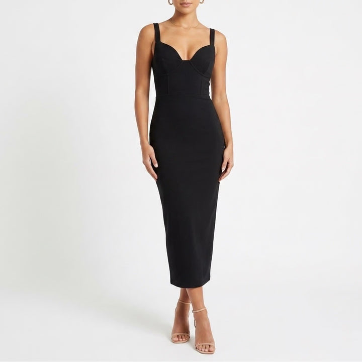 Naked Wardrobe Black Ribbed Bustier Midi Dress Large