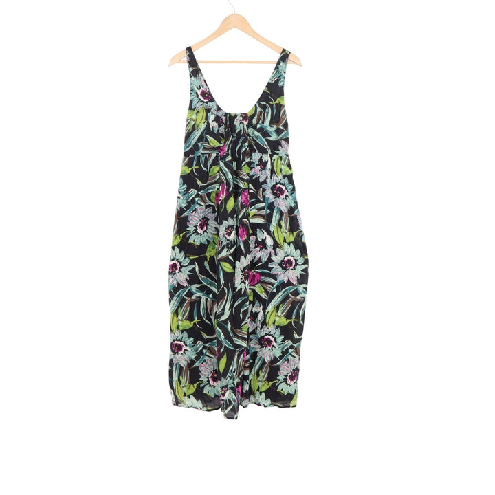 Floral V-Neck Midi Sundress Sleeveless Smocked Back Tropical Print Black Multi