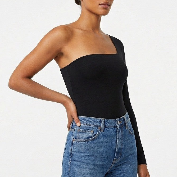Naked Wardrobe Black One Shoulder Long Sleeve Bodysuit Size M