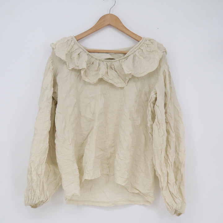 Made in Korea Cream Ruffle Collar Crinkle Texture Long Sleeve Blouse Top