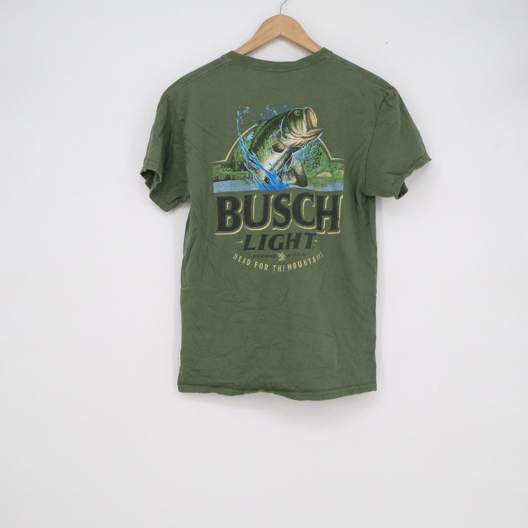 Busch Light Fishing Bass Graphic T-Shirt Mens Medium Olive Green Beer Tee Short