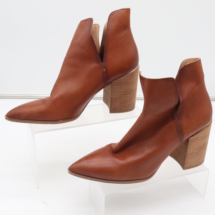 Steve Madden Kaylah Cognac Leather Pointed Toe V-Cut Block Heel Booties Size 9M