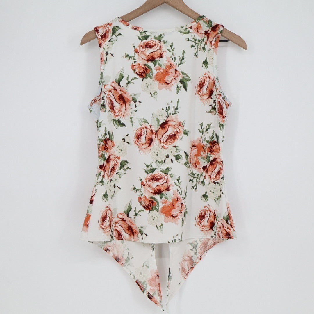 First Love Tank Top Womens XL White Rose Floral Stretch Round Neck Front Slit