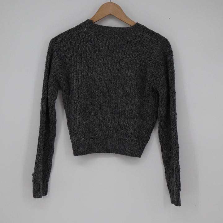 Zara Womens Charcoal Grey Textured Boucle Knit Cropped Crew Neck Sweater Size M