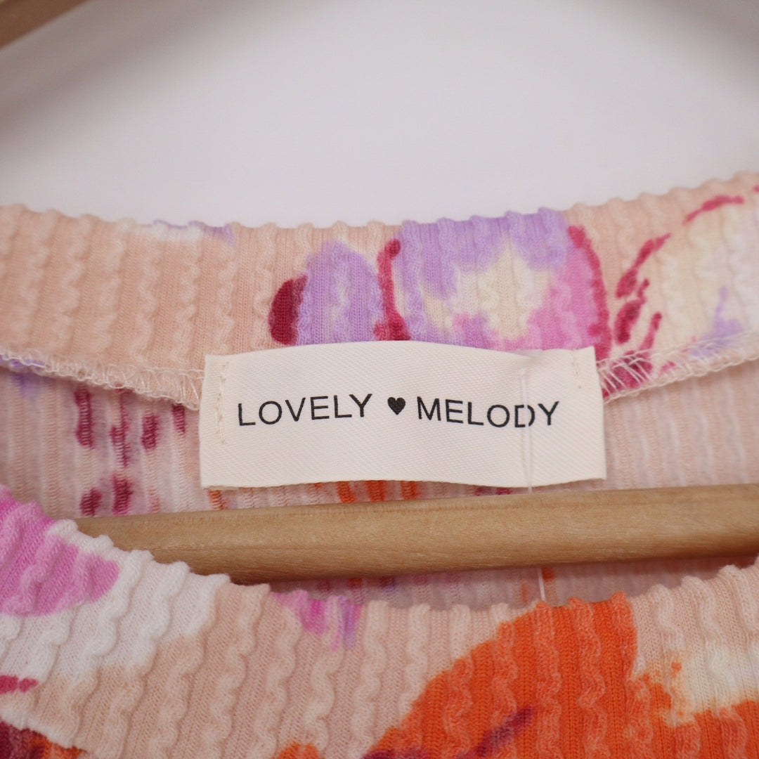 Lovely Melody Past Life Urban Rib Top Pink Floral Flutter Sleeve Small