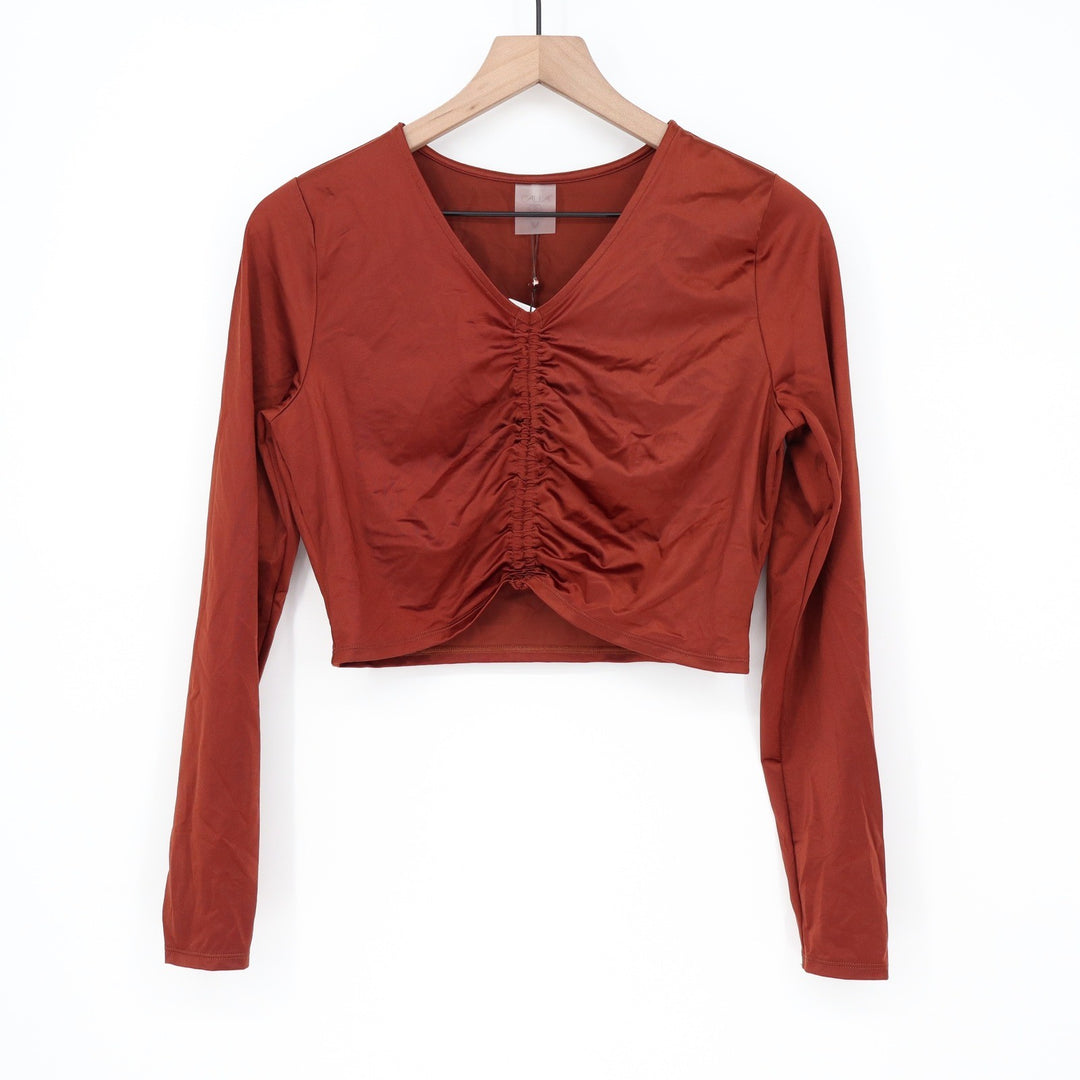 CALIA Womens LS Ruched Rashguard Red Brown Shine UPF 50+ Swim Top M