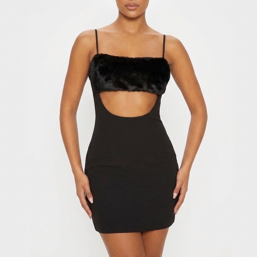 Naked Wardrobe Black Faux Fur Trim Cutout Mini Dress Mens Small