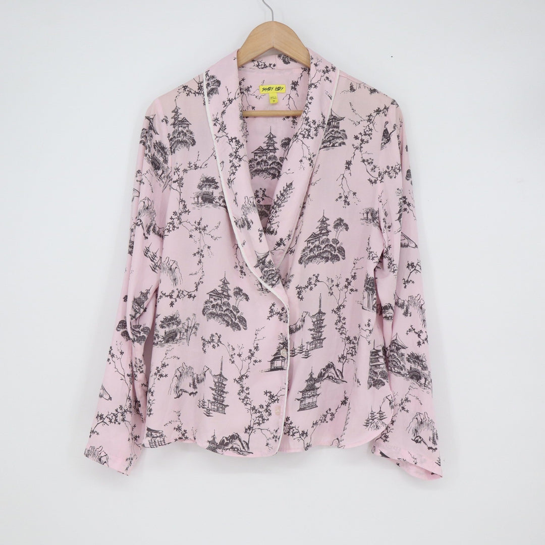 Shady Lady Pink Pagoda Toile Pajama Top Long Sleeve Sleep Shirt Size M