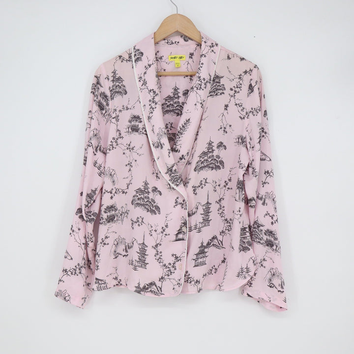 Shady Lady Pink Pagoda Toile Pajama Top Long Sleeve Sleep Shirt Size M