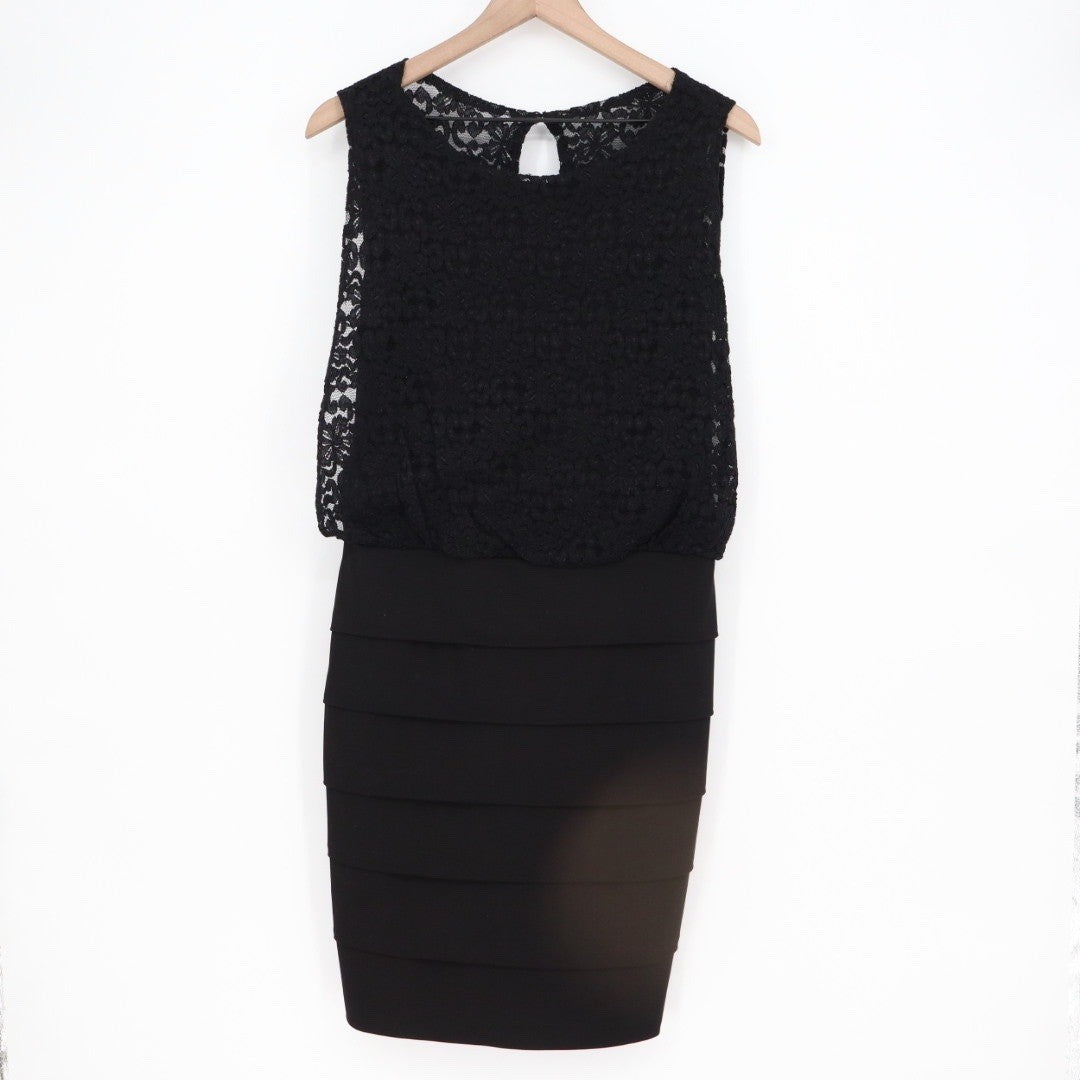 Valerie Bertinelli Black Lace Sheath Dress Keyhole Neck Tiered Skirt Size 12