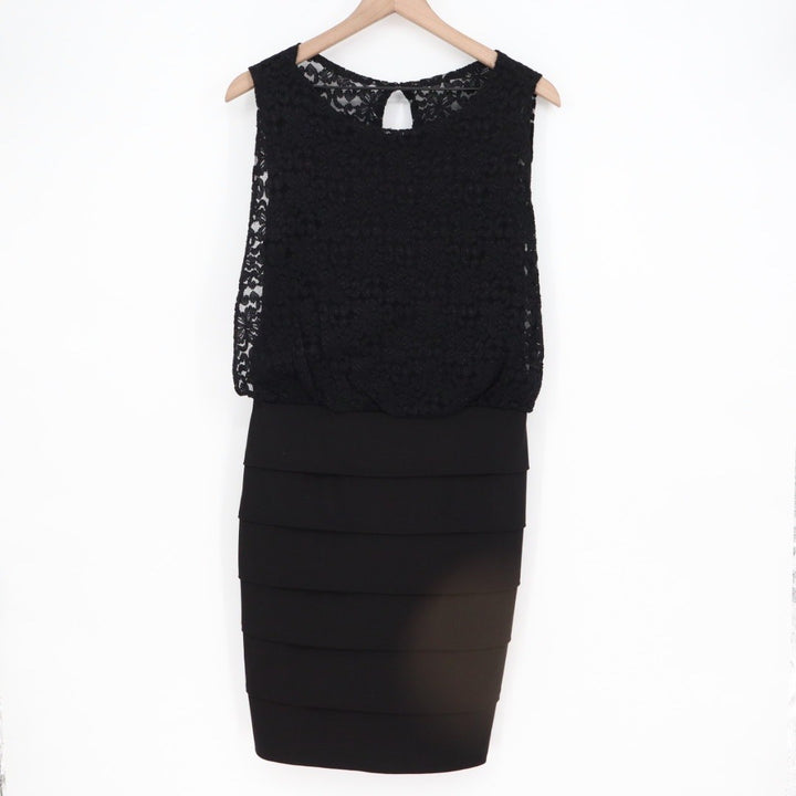 Valerie Bertinelli Black Lace Sheath Dress Keyhole Neck Tiered Skirt Size 12