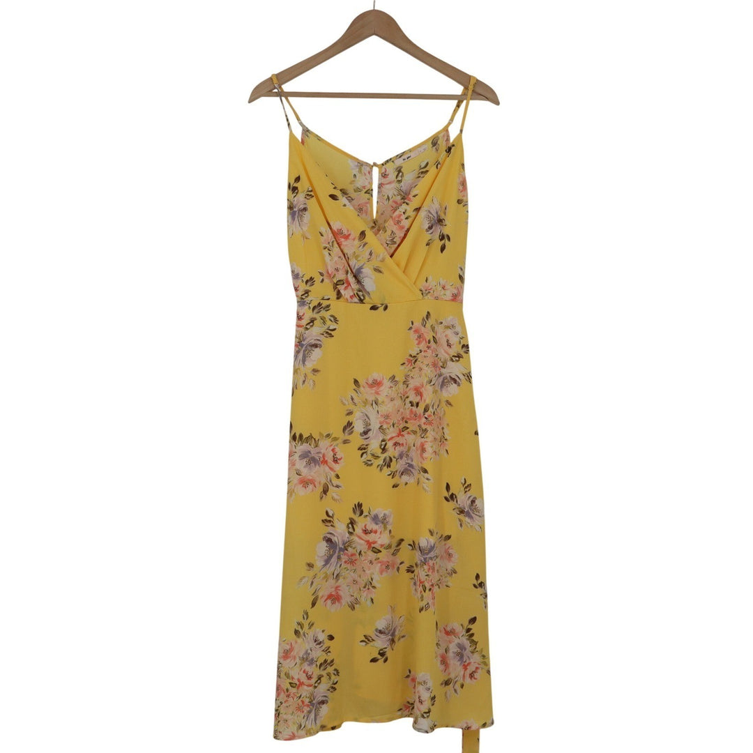 Mi Ami Yellow Floral Midi Dress Surplice V-Neck Spaghetti Strap L
