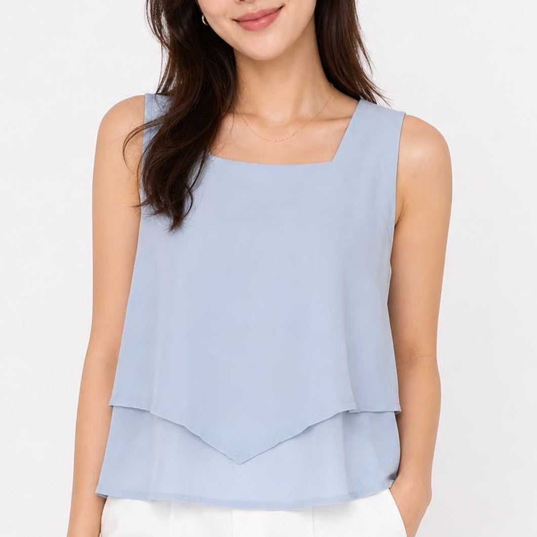 Light Blue Sleeveless Square Neck Layered Hem Blouse Top Large