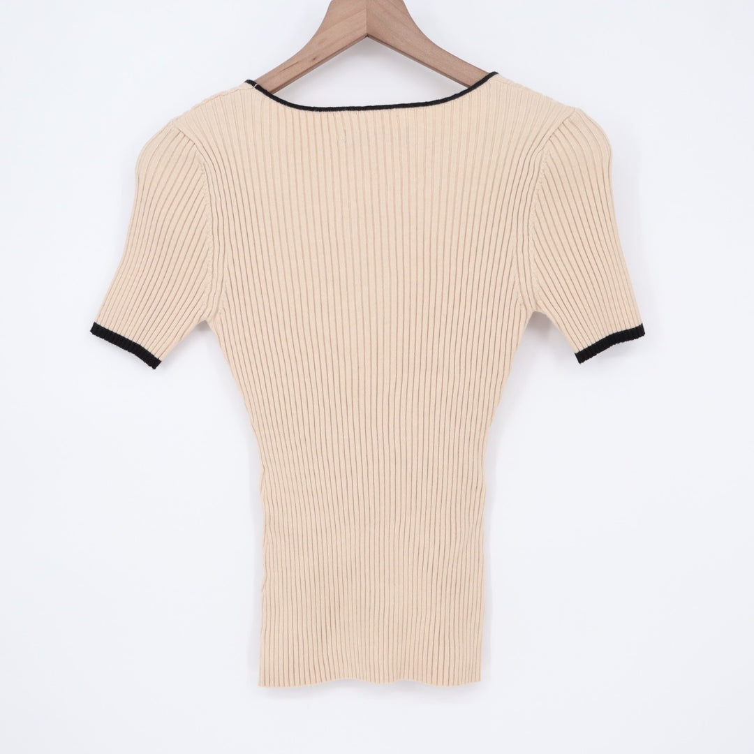 Zesica Ribbed Top Womens Large Beige Knit Square Neck Contrast Trim Short Sleeve