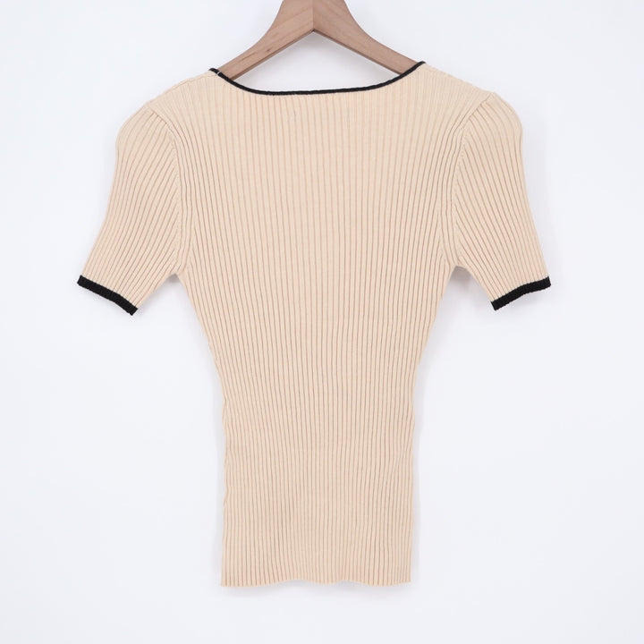 Zesica Ribbed Top Womens Large Beige Knit Square Neck Contrast Trim Short Sleeve
