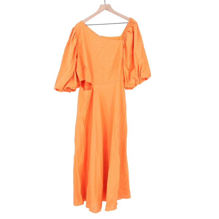 Showpo Rhyne Midi Dress Papaya Orange Asymmetric Puff Sleeve Cut Out US 16 NEW