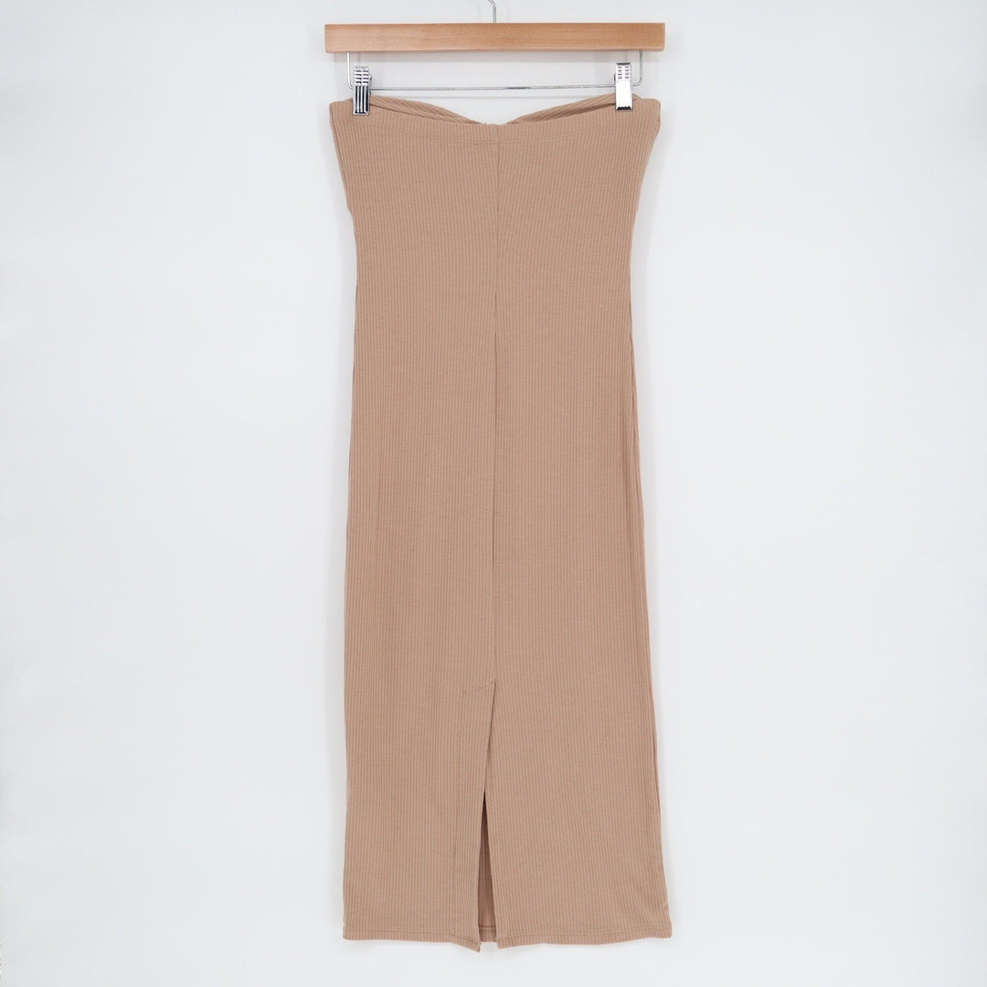 Zara Tan Ribbed Knit O-Ring Strapless Midi Bodycon Tube Dress