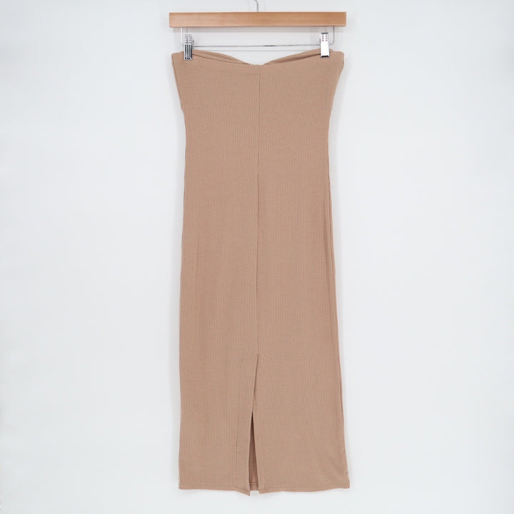 Zara Tan Ribbed Knit O-Ring Strapless Midi Bodycon Tube Dress