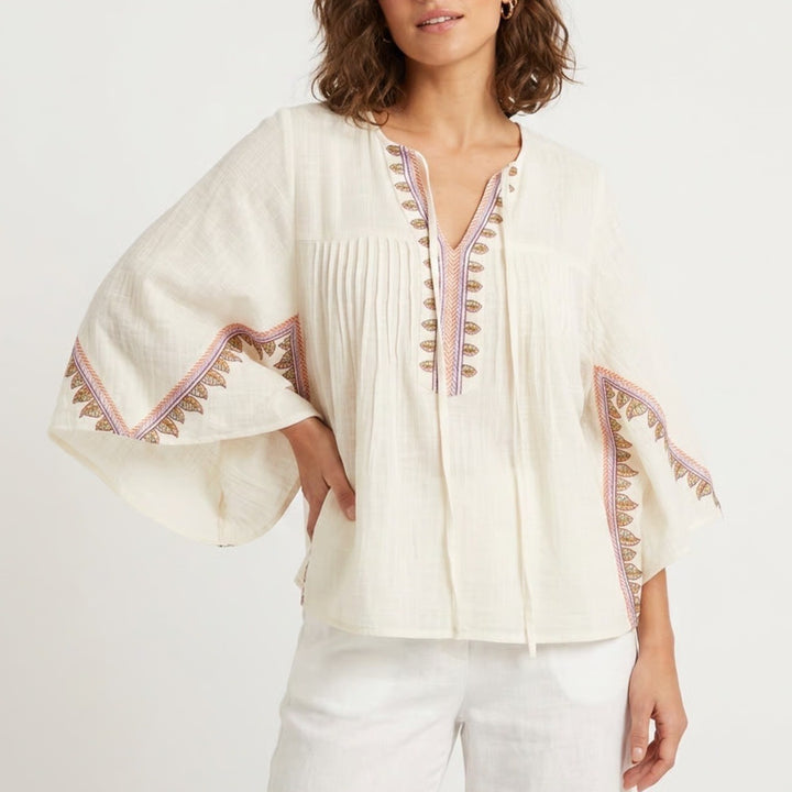 World Market Tunic Top Womens S/M White Floral Cotton Dolman Sleeve Split Neck