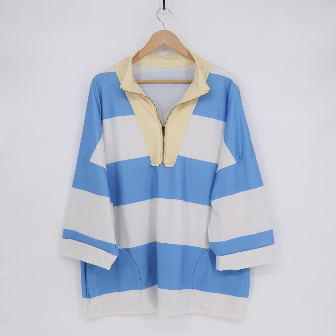 Sweatshirts Women Large White Blue Striped Half Zip Drop Shoulder Short Sleeve