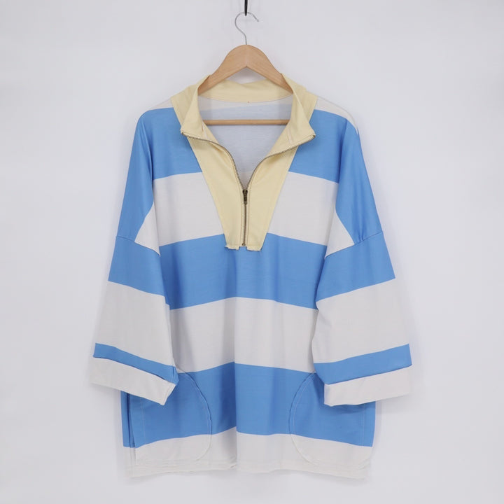 Sweatshirts Women Large White Blue Striped Half Zip Drop Shoulder Short Sleeve