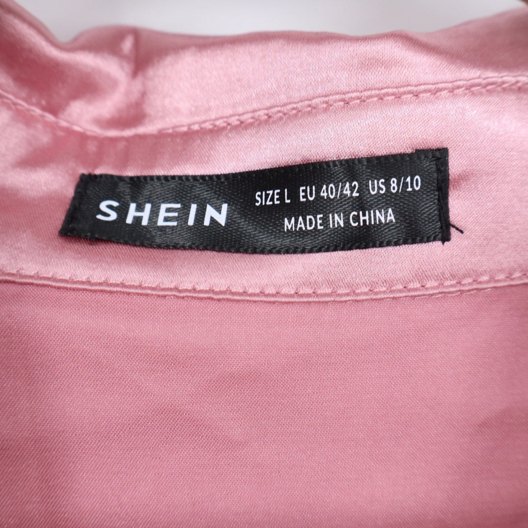 SHEIN Pink Satin Button Up Shirt Feather Trim Cuffs Womens Large KLB