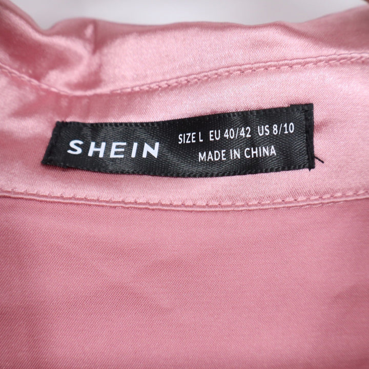 SHEIN Pink Satin Button Up Shirt Feather Trim Cuffs Womens Large KLB