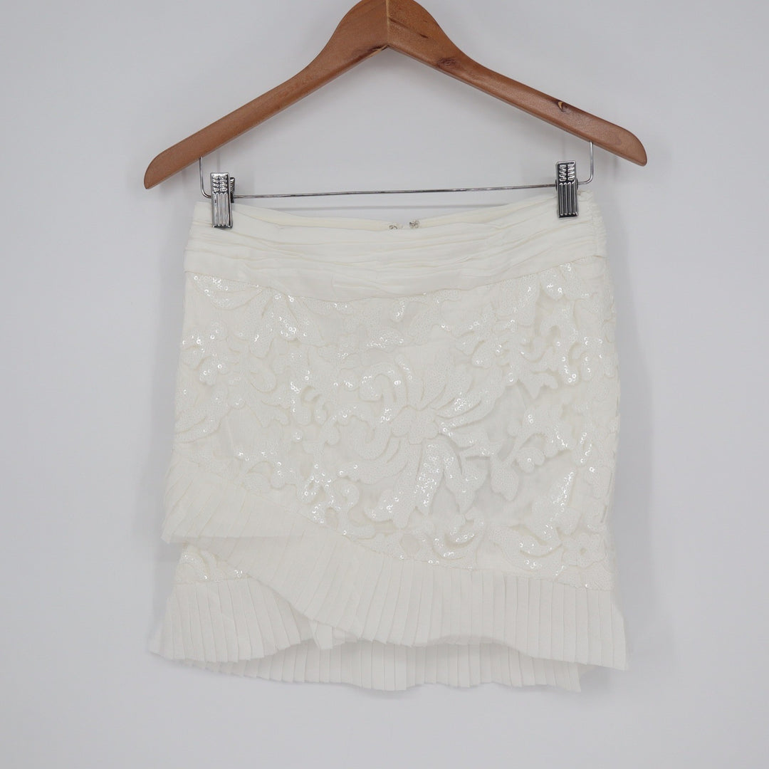 Naked Wardrobe White Sequin Lace Pleated Ruffle Mini Skirt Womens Small