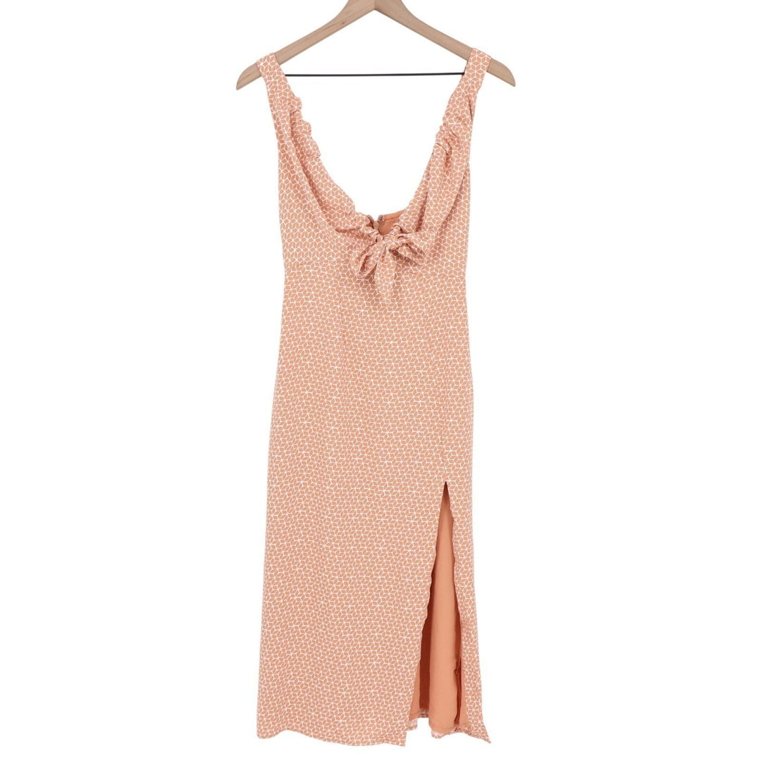 Abercrombie & Fitch Midi Dress Women XSP Peach Printed Front Slit Cinch Bow Neck