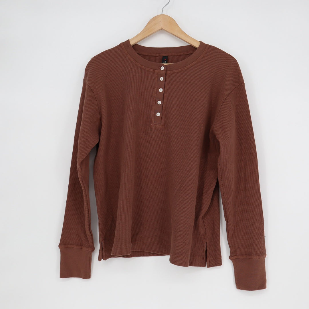 American Giant Thermal T-Shirt Womens Small Brown Cotton Waffle Knit Henley Neck