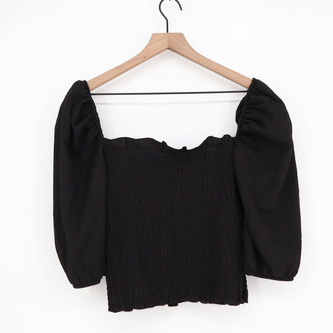 H&M Black Smocked Puff Sleeve Square Neck Cropped Top Size M
