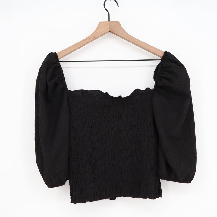 H&M Black Smocked Puff Sleeve Square Neck Cropped Top Size M