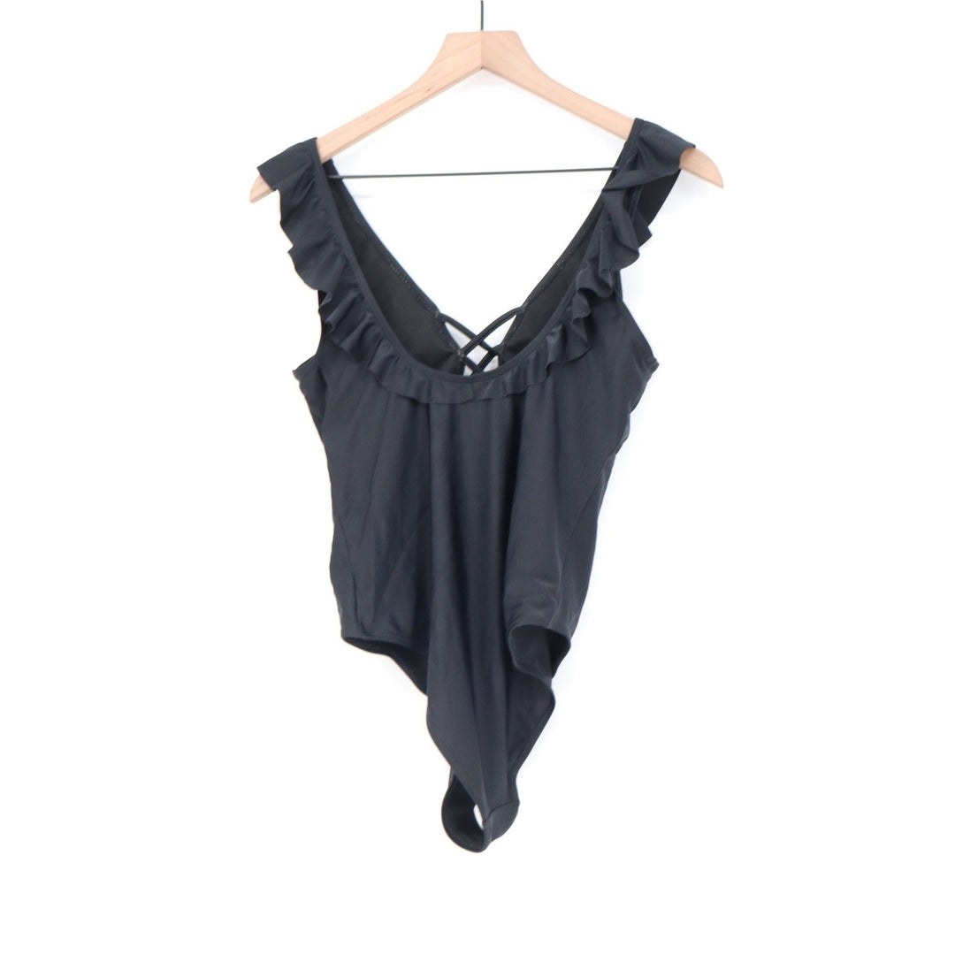 Black Ruffle V-Neck Lattice Strappy One Piece Swimsuit Large