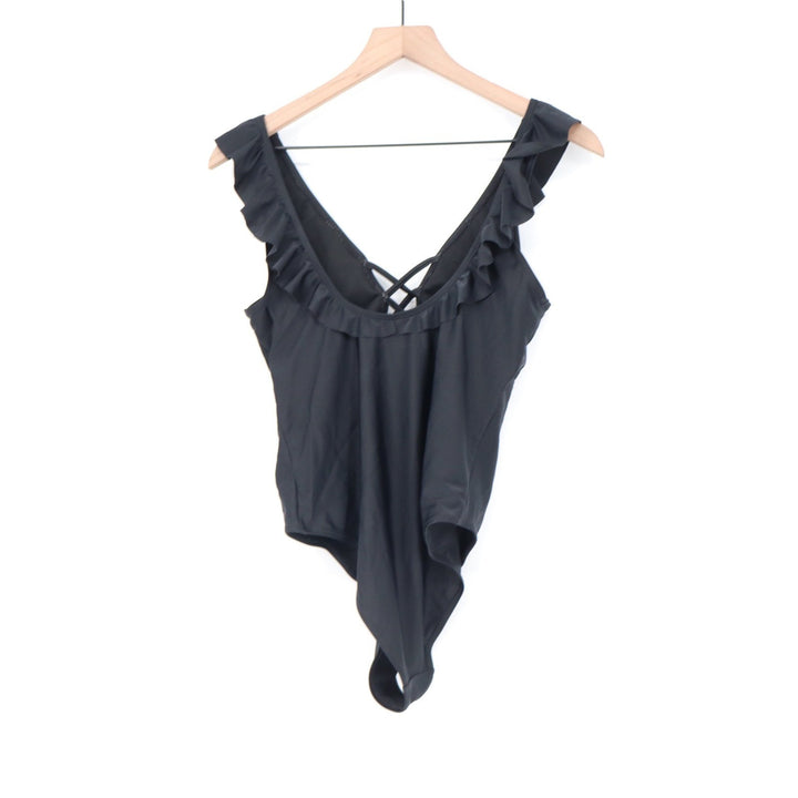 Black Ruffle V-Neck Lattice Strappy One Piece Swimsuit Large
