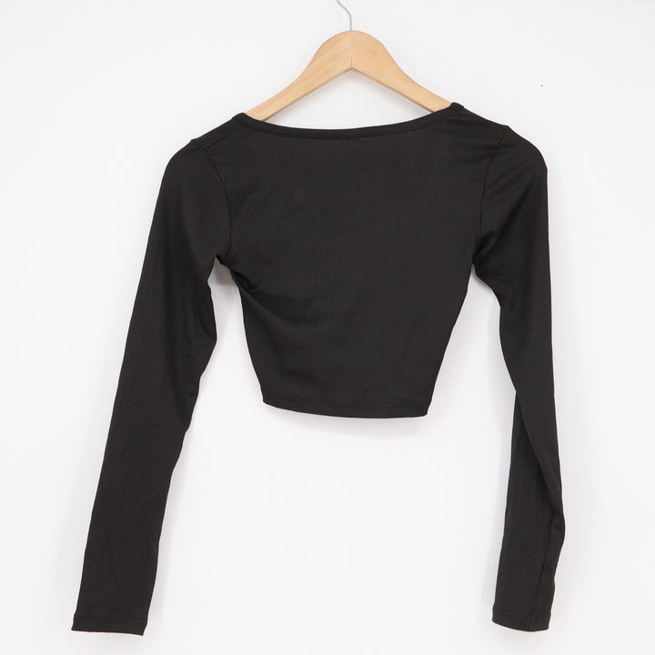 Black Ribbed Long Sleeve Crop Top Square Neck Slim Fit XS