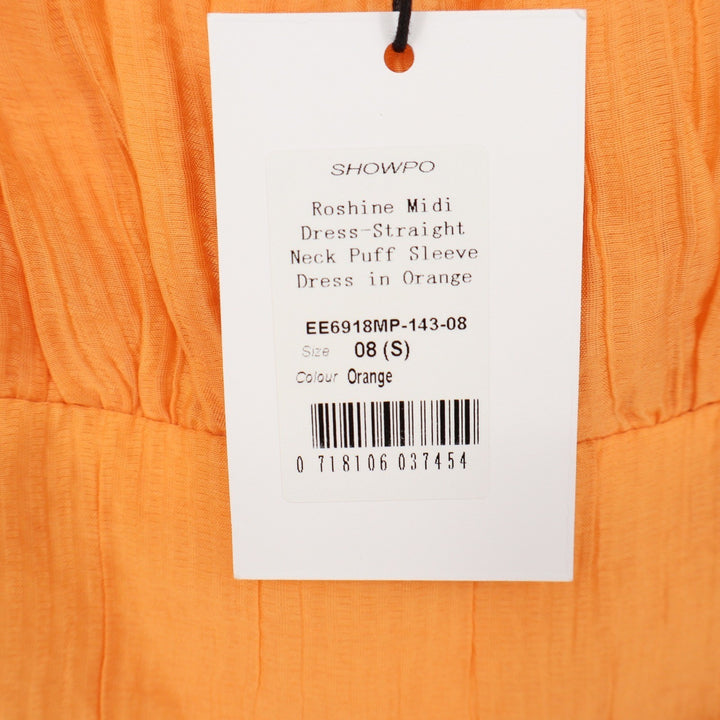 Showpo Roshine Orange Puff Sleeve Straight Neck Midi Dress Size 4