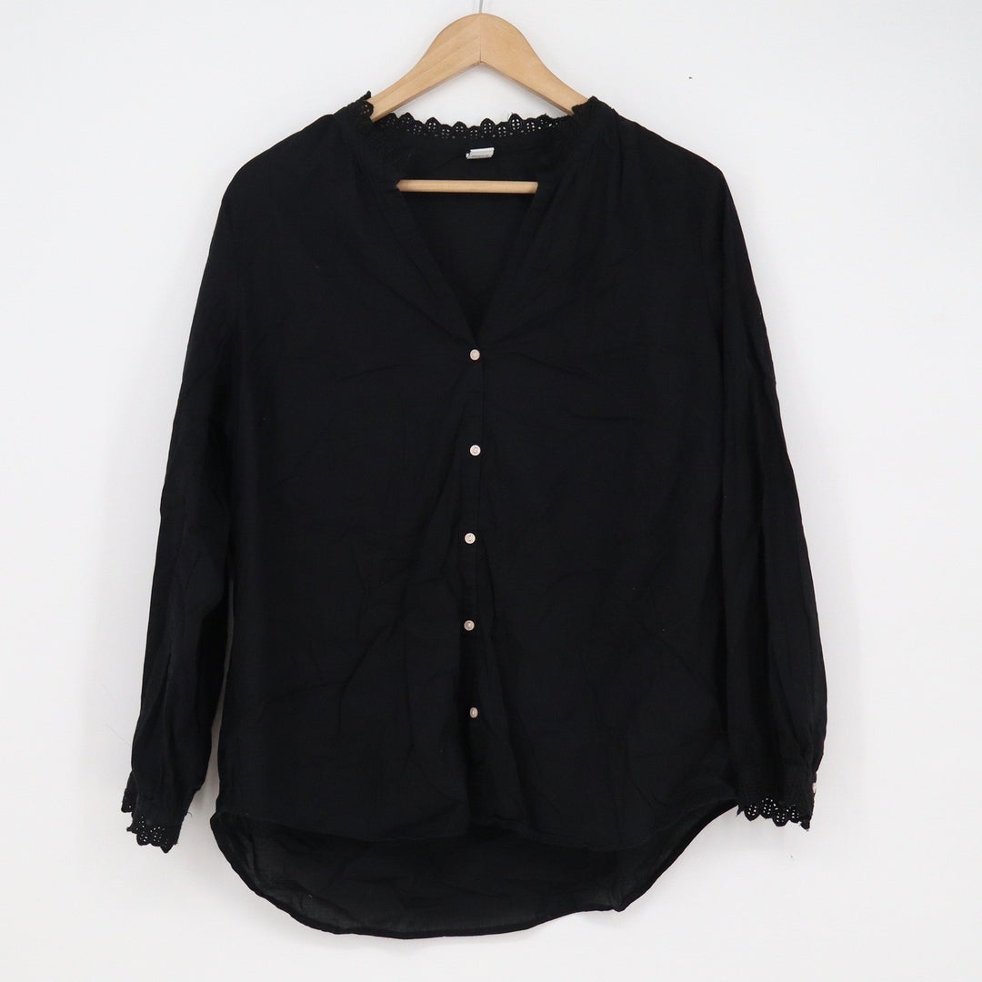 Old Navy Womens Black Eyelet Lace Trim Button Front Cotton Blouse Top Large