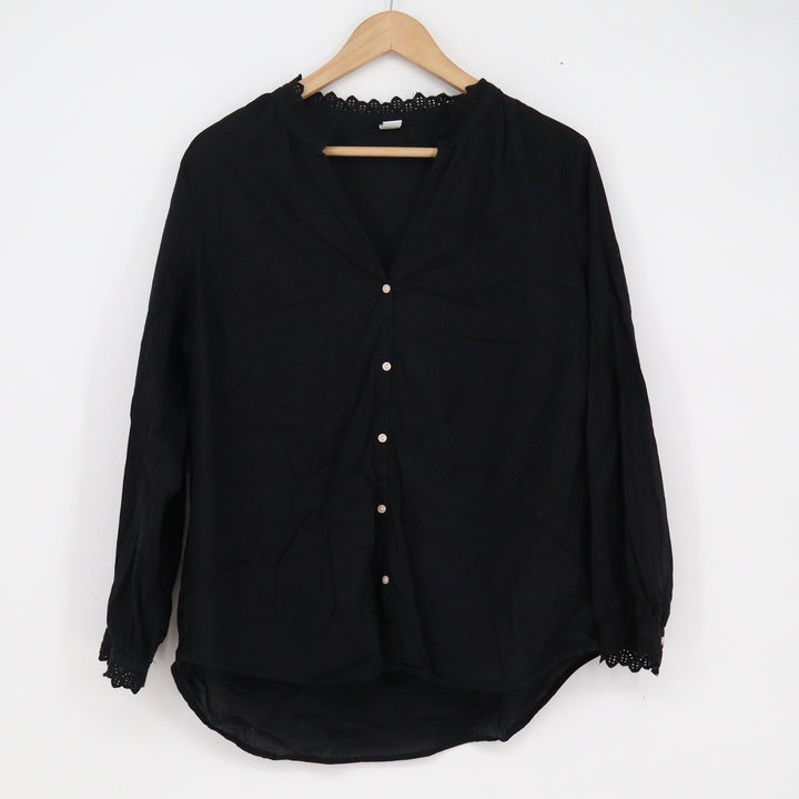 Old Navy Womens Black Eyelet Lace Trim Button Front Cotton Blouse Top Large