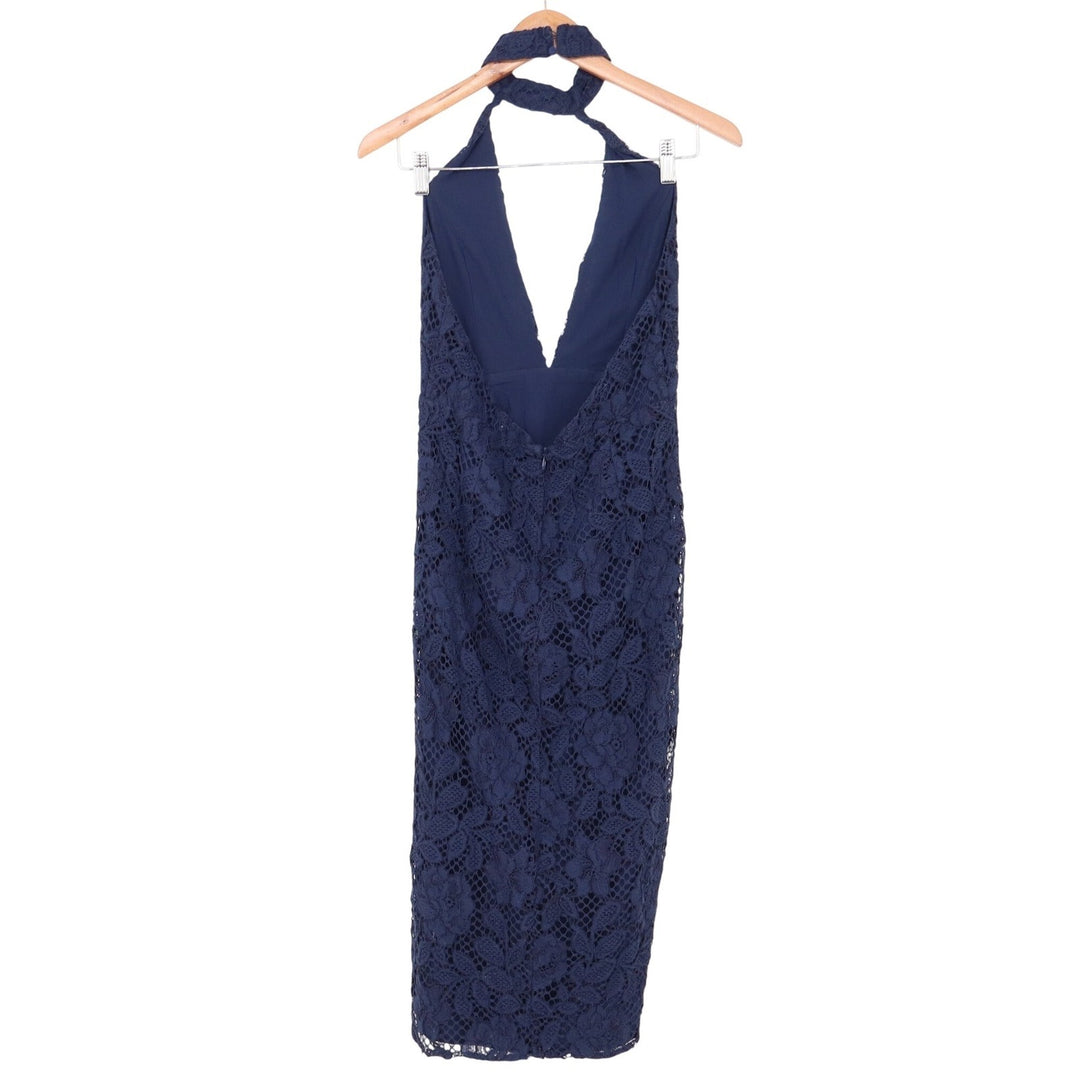 X by NBD Dress Womens 4 Halter Lace Midi Navy Blue Cocktail Open Back NEW