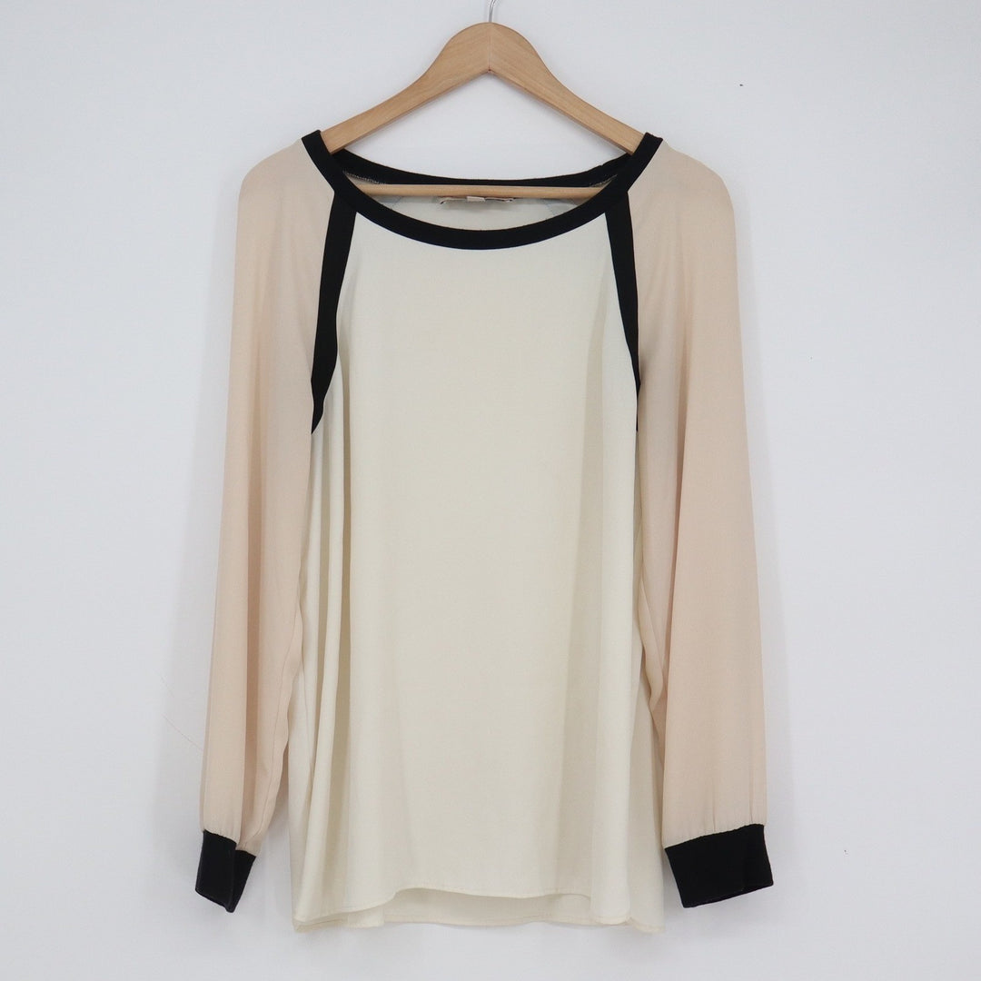 Ann Taylor LOFT Womens Medium Colorblock Raglan Blouse Cream Peach Black Trim