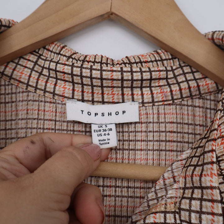 Topshop Womens Brown Orange Grid Check Plisse Button Up Shirt Size US 4-6