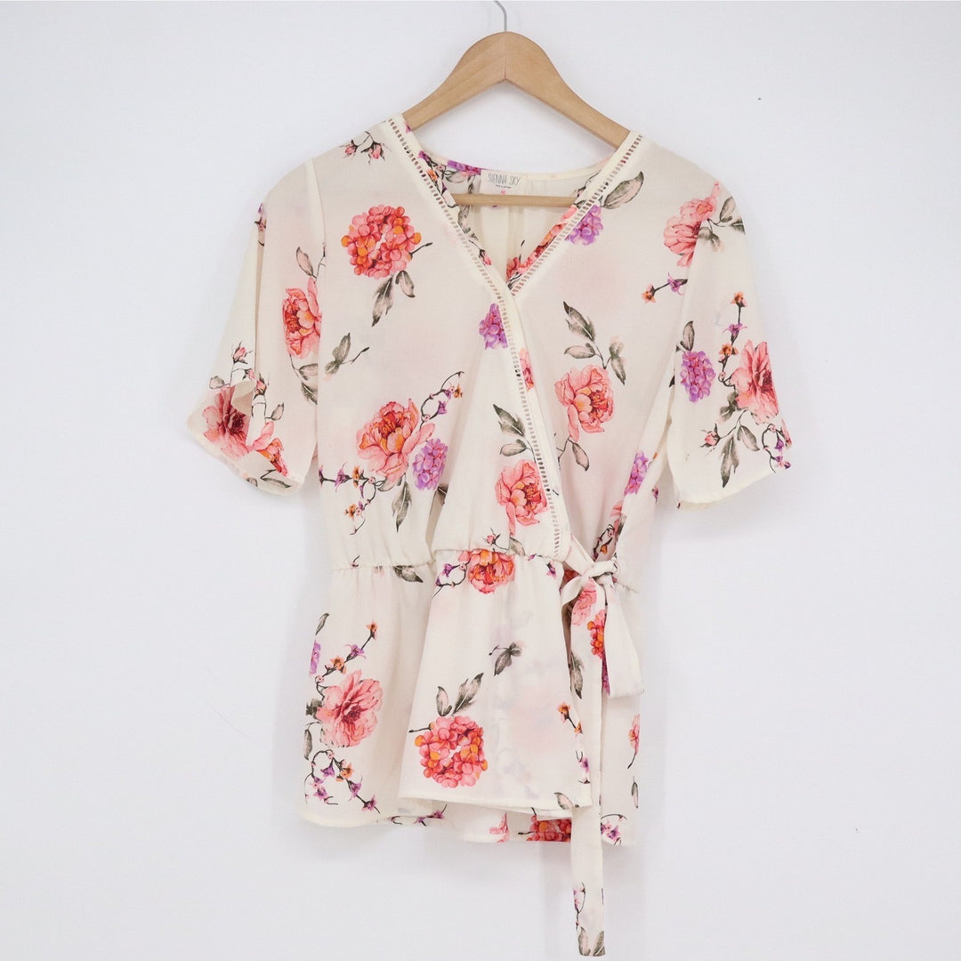 Sienna Sky Womens Floral Wrap Blouse Cream Pink Orange V-Neck Medium