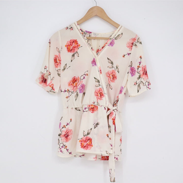 Sienna Sky Womens Floral Wrap Blouse Cream Pink Orange V-Neck Medium