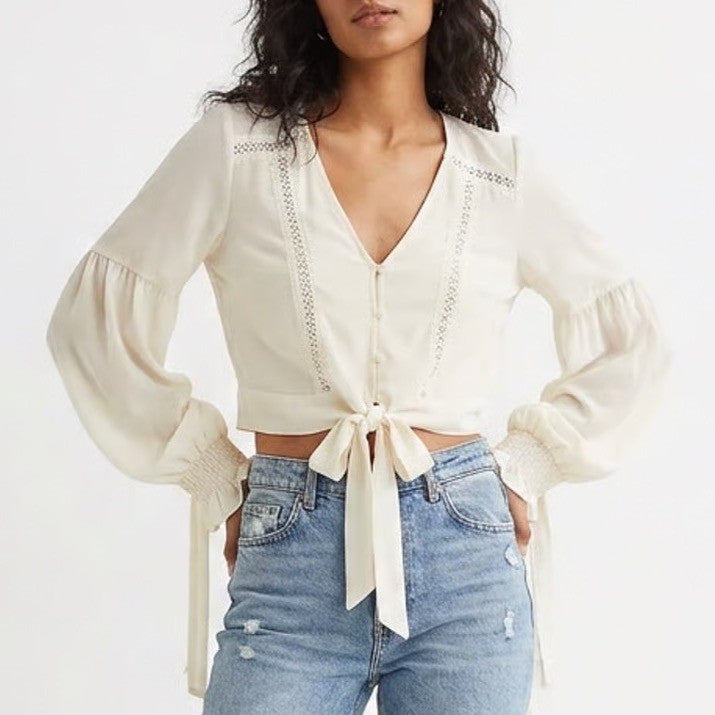 HM Divided Cream Lace Trim Cropped Tie Front Balloon Sleeve Blouse Womens 10 NEW
