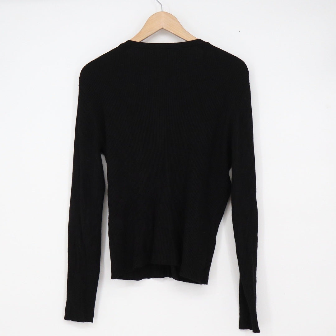 Black Ribbed V-Neck Cardigan Sweater Slim Fit Long Sleeve Button Up Top Medium